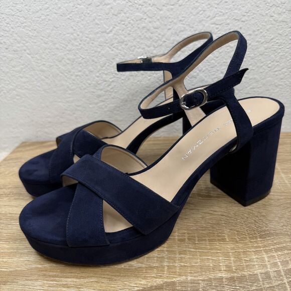 Stuart Weitzman Dayna 80MM Leather Platform Sandals SIZE 10 B Blue Suede